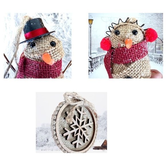 Vintage Handmade Snowflake Mr Mrs Snowman Ornaments Set of 3 Burlap One … - Picture 5 of 12